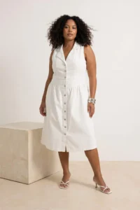 Trendyol Curve Ecru Jacket Yaka A-line comfort/Middle Flexible denim Plus Size Dress - Image 2