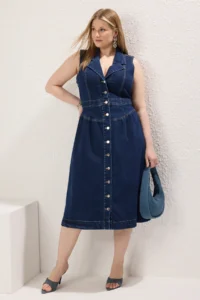 Trendyol Curve Dark Blue Jacket Yaka A-line comfort/Middle Flexible denim Plus Size Dress - Image 3
