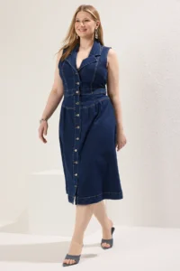 Trendyol Curve Dark Blue Jacket Yaka A-line comfort/Middle Flexible denim Plus Size Dress - Image 4
