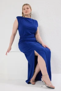 Trendyol Curve Saks Blue Ruffle Detailed Slit Fitted Knitting Plus Size Dress - Image 2