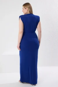 Trendyol Curve Saks Blue Ruffle Detailed Slit Fitted Knitting Plus Size Dress - Image 5