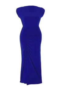 Trendyol Curve Saks Blue Ruffle Detailed Slit Fitted Knitting Plus Size Dress - Image 6