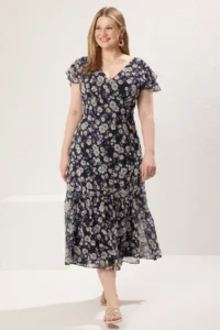 Trendyol Curve Navy Blue Floral Midi Siphon Weaving Plus Size Dress - Image 2
