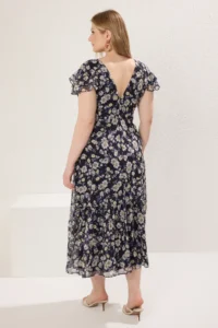 Trendyol Curve Navy Blue Floral Midi Siphon Weaving Plus Size Dress - Image 4