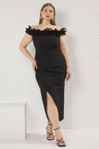Trendyol Curve Black Madonna Collar Frilly slit Weaving Plus Size Dress - Image 2