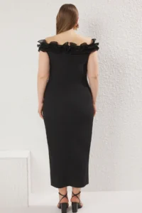 Trendyol Curve Black Madonna Collar Frilly slit Weaving Plus Size Dress - Image 4