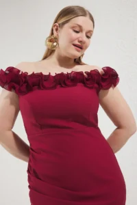 Trendyol Curve Burgundy Madonna Collar Frilly slit Weaving Plus Size Dress - Image 2