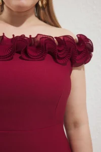 Trendyol Curve Burgundy Madonna Collar Frilly slit Weaving Plus Size Dress - Image 3