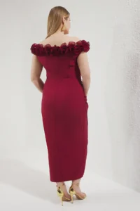 Trendyol Curve Burgundy Madonna Collar Frilly slit Weaving Plus Size Dress - Image 4