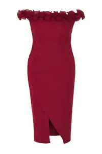 Trendyol Curve Burgundy Madonna Collar Frilly slit Weaving Plus Size Dress - Image 5