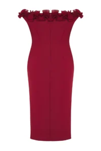 Trendyol Curve Burgundy Madonna Collar Frilly slit Weaving Plus Size Dress - Image 8