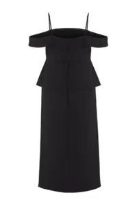 Trendyol Curve Black Square Neck Drop Sleeve Elegant/Evening Weaving Plus Size Dress - Image 6