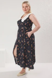 Trendyol Curve Multicolored Floral Poplin 100% Cotton Baby Collar Midi Weaving Plus Size Dress - Image 2