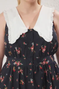 Trendyol Curve Multicolored Floral Poplin 100% Cotton Baby Collar Midi Weaving Plus Size Dress - Image 3