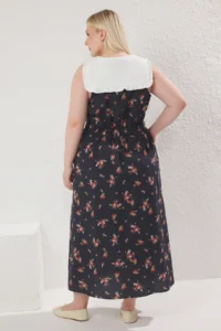 Trendyol Curve Multicolored Floral Poplin 100% Cotton Baby Collar Midi Weaving Plus Size Dress - Image 4