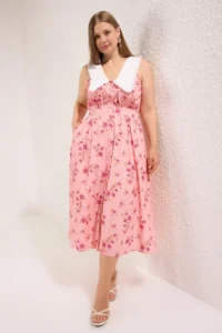 Trendyol Curve Pink  Floral Poplin 100% Cotton Baby Collar Midi Weaving Plus Size Dress