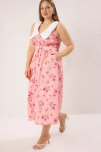 Trendyol Curve Pink  Floral Poplin 100% Cotton Baby Collar Midi Weaving Plus Size Dress - Image 2