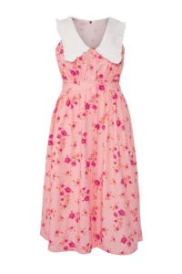 Trendyol Curve Pink  Floral Poplin 100% Cotton Baby Collar Midi Weaving Plus Size Dress - Image 5