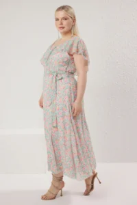 Trendyol Curve Multicolored Floral Siphon Frilly Midi Weaving Plus Size Dress