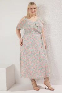 Trendyol Curve Multicolored Floral Siphon Frilly Midi Weaving Plus Size Dress - Image 2
