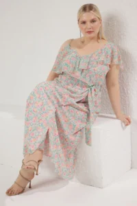 Trendyol Curve Multicolored Floral Siphon Frilly Midi Weaving Plus Size Dress - Image 3