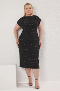 Trendyol Curve Black Sleeveless Stoned Mini Weaving Plus Size Party/Graduation/Evening Gown Dress