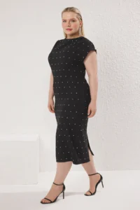 Trendyol Curve Black Sleeveless Stoned Mini Weaving Plus Size Party/Graduation/Evening Gown Dress - Image 2