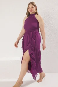 Trendyol Curve Purple Siphon Maxi Frilly Barbell Neck Weaving Plus Size Dress - Image 2