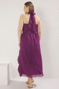 Trendyol Curve Purple Siphon Maxi Frilly Barbell Neck Weaving Plus Size Dress - Image 4