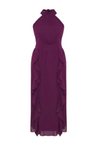Trendyol Curve Purple Siphon Maxi Frilly Barbell Neck Weaving Plus Size Dress - Image 5