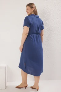 Trendyol Curve Navy Blue Muslin 100% Cotton Weaving Plus Size Shirt Dress - Image 4