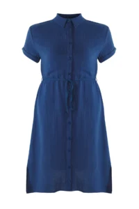 Trendyol Curve Navy Blue Muslin 100% Cotton Weaving Plus Size Shirt Dress - Image 5