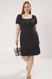Trendyol Curve Black Button Detailed A-line Balloon Sleeve Knitting Plus Size Dress