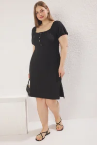 Trendyol Curve Black Button Detailed A-line Balloon Sleeve Knitting Plus Size Dress - Image 2