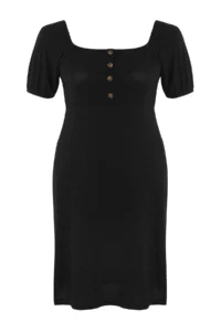 Trendyol Curve Black Button Detailed A-line Balloon Sleeve Knitting Plus Size Dress - Image 5