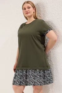 Trendyol Curve Khaki Sleeve and Skirt End flower patterned Knitting Plus Size Dress