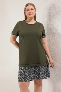 Trendyol Curve Khaki Sleeve and Skirt End flower patterned Knitting Plus Size Dress - Image 2
