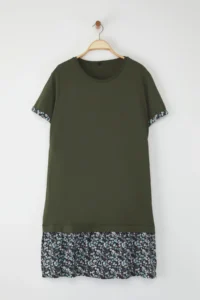 Trendyol Curve Khaki Sleeve and Skirt End flower patterned Knitting Plus Size Dress - Image 5