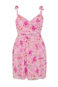 Trendyol Curve Pink Double breasted Yaka flower patterned Tulle skater Mini Knitting Plus Size Dress