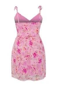 Trendyol Curve Pink Double breasted Yaka flower patterned Tulle skater Mini Knitting Plus Size Dress - Image 7