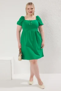 Trendyol Curve Green Balloon Sleeve skater Yaka Piped Mini Knitting Plus Size Dress