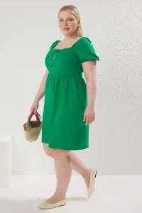 Trendyol Curve Green Balloon Sleeve skater Yaka Piped Mini Knitting Plus Size Dress - Image 2