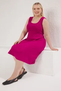 Trendyol Curve Plum Boat Neck A-line Camisole Knitting Plus Size Dress - Image 2