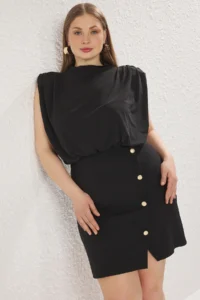 Trendyol Curve Black padded Mini Sleeveless Weaving Plus Size Dress