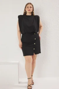 Trendyol Curve Black padded Mini Sleeveless Weaving Plus Size Dress - Image 2