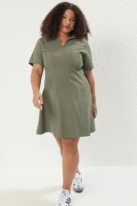Trendyol Curve Khaki Gabardine Weaving Mini Plus Size Dress