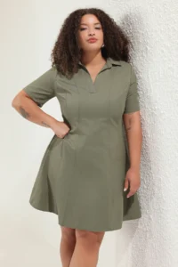 Trendyol Curve Khaki Gabardine Weaving Mini Plus Size Dress - Image 2