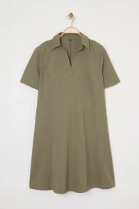 Trendyol Curve Khaki Gabardine Weaving Mini Plus Size Dress - Image 5