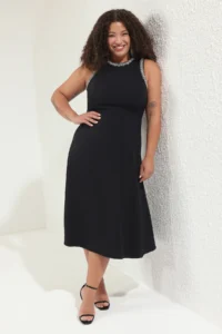 Trendyol Curve Black Stone Sleeveless Midi Size A-line Weaving Evening Gown/Night/Graduation/Engagement her dress - Image 2