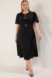 Trendyol Curve Black A-Kesim with bow Weaving Chic Dress - Image 2